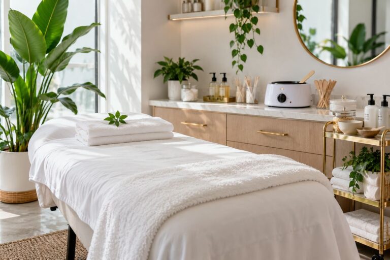 Calm body waxing treatment room with a padded bed, wax warmer and plants