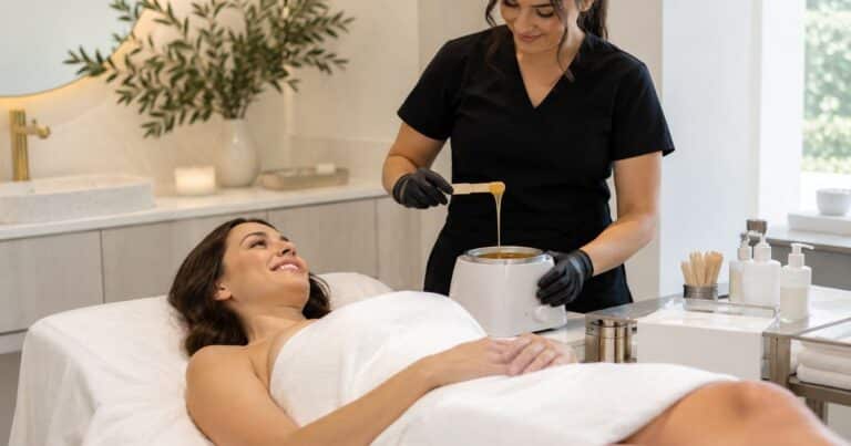 Relaxed client on a waxing table while the esthetician warms the wax