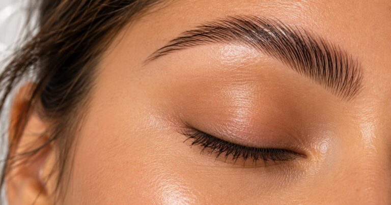 Close-up of a brushed-up, laminated brow