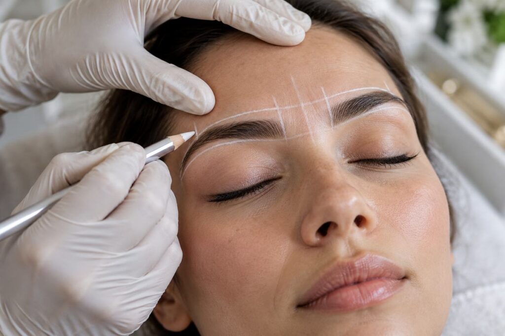 Brow mapping guide lines drawn before shaping