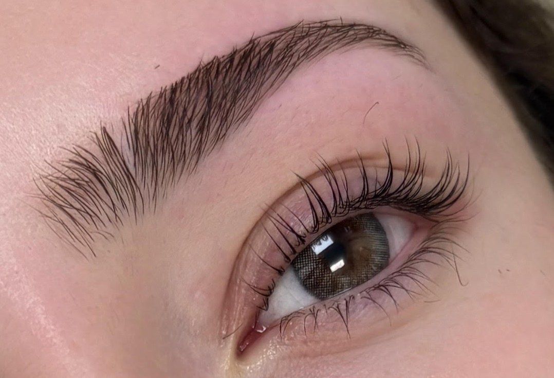 Close-up of a lifted, tinted lash line and brushed-up brow after a lash lift at The Brow Fixx