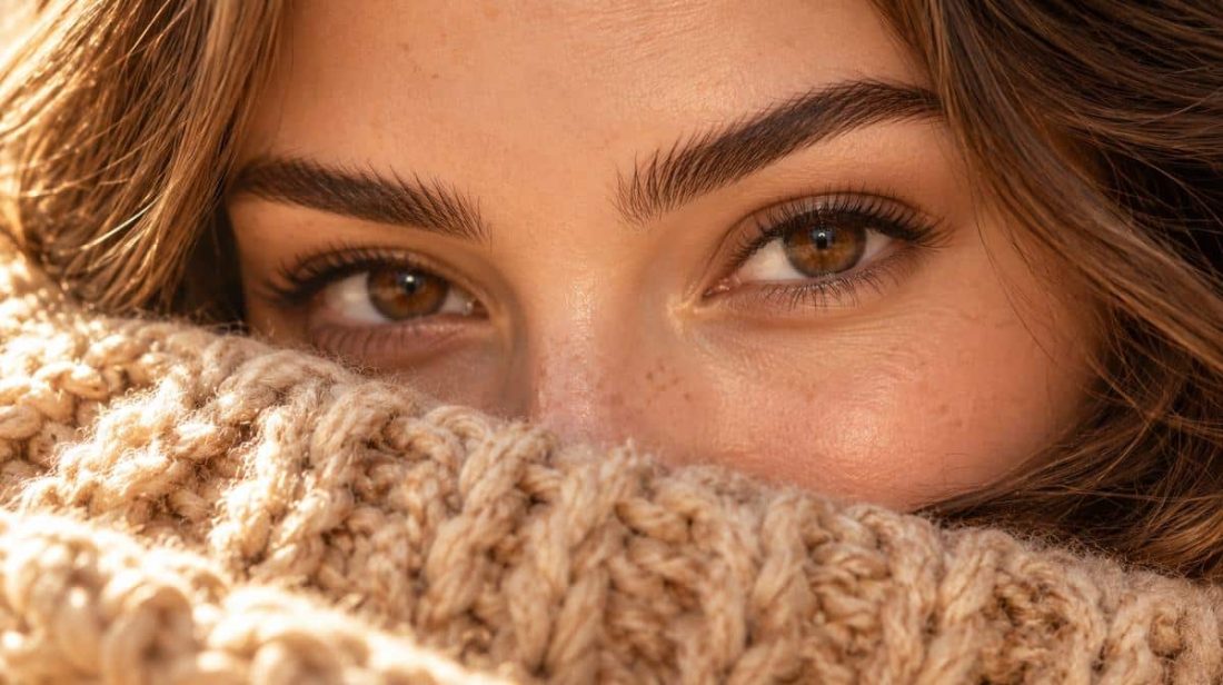 Brown eyes and full brows above a knit scarf