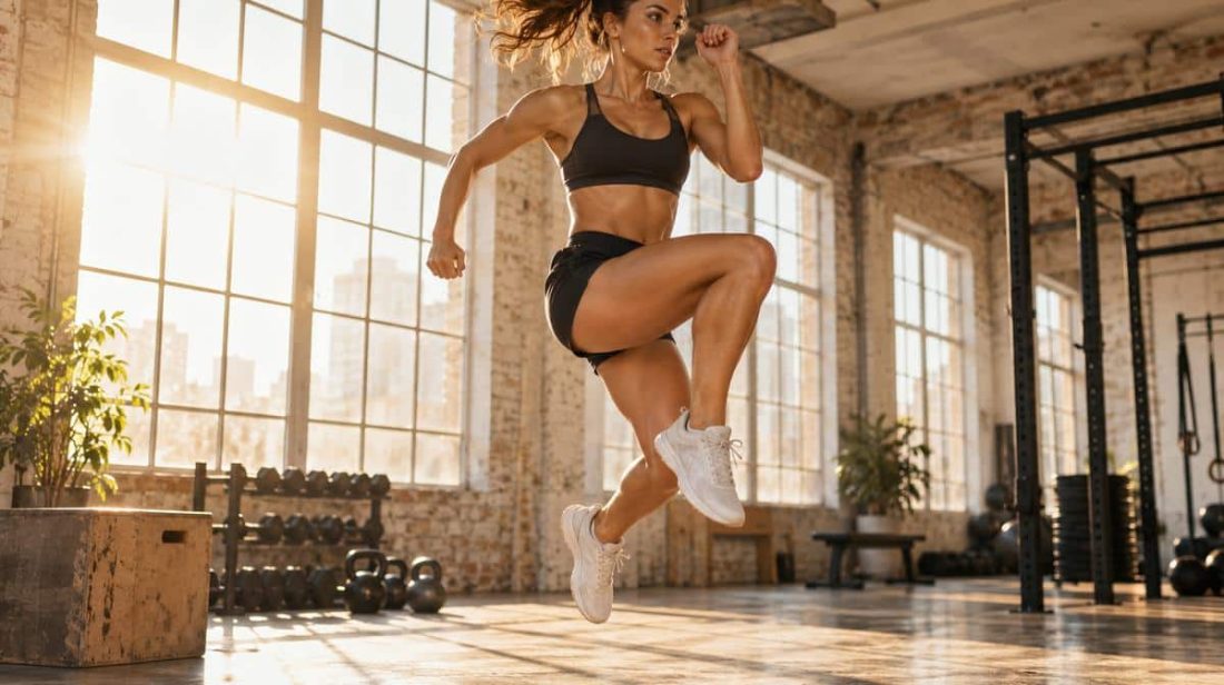 Athletic woman jumping in a sunlit gym