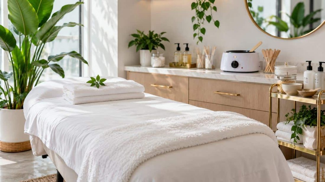 Calm body waxing treatment room with a padded bed, wax warmer and plants
