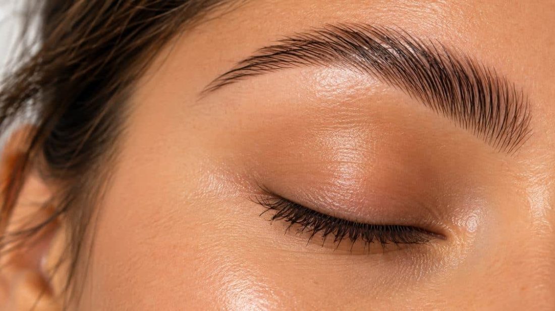 Close-up of a brushed-up, laminated brow