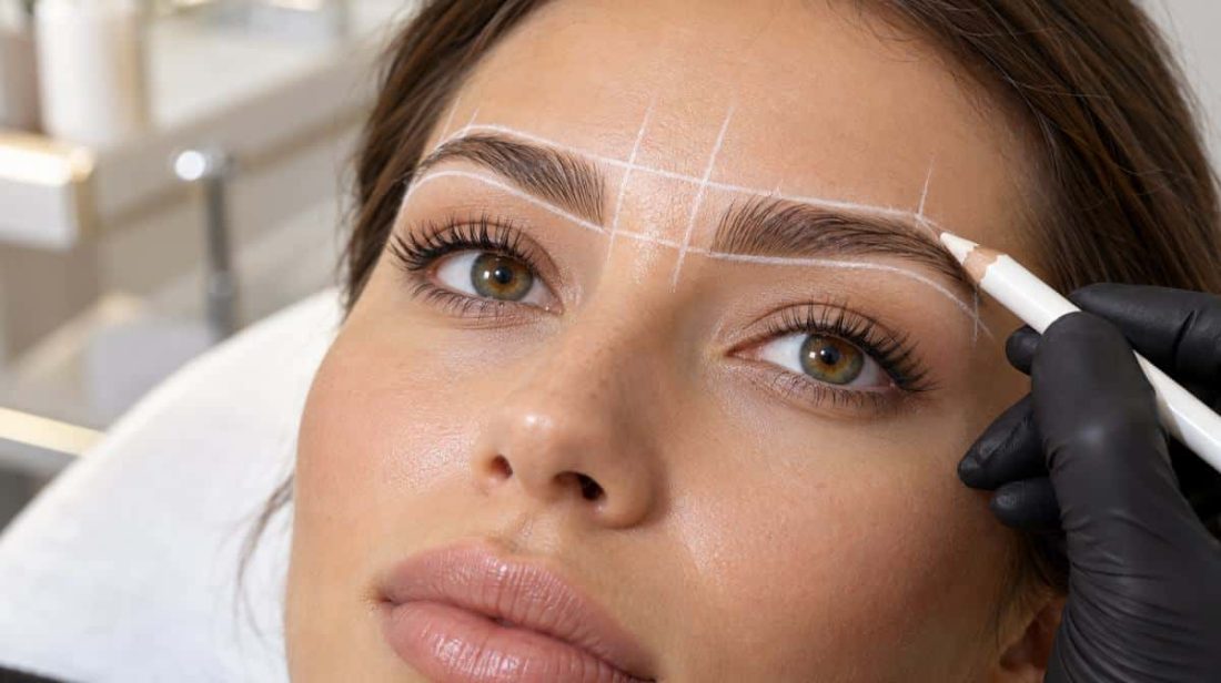Brow mapping grid lines drawn over the brows