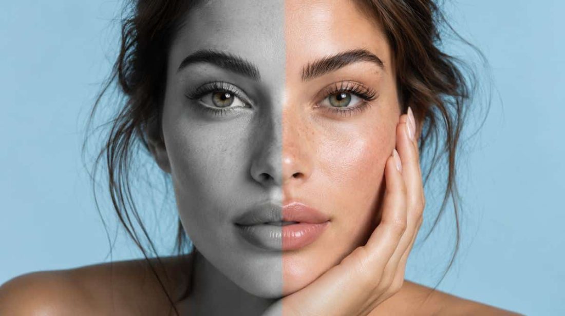 Half black-and-white, half color portrait focused on the brows