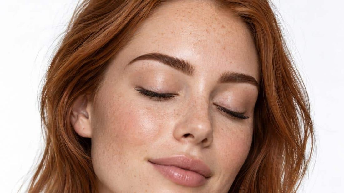 Woman with red hair and defined brows, eyes closed