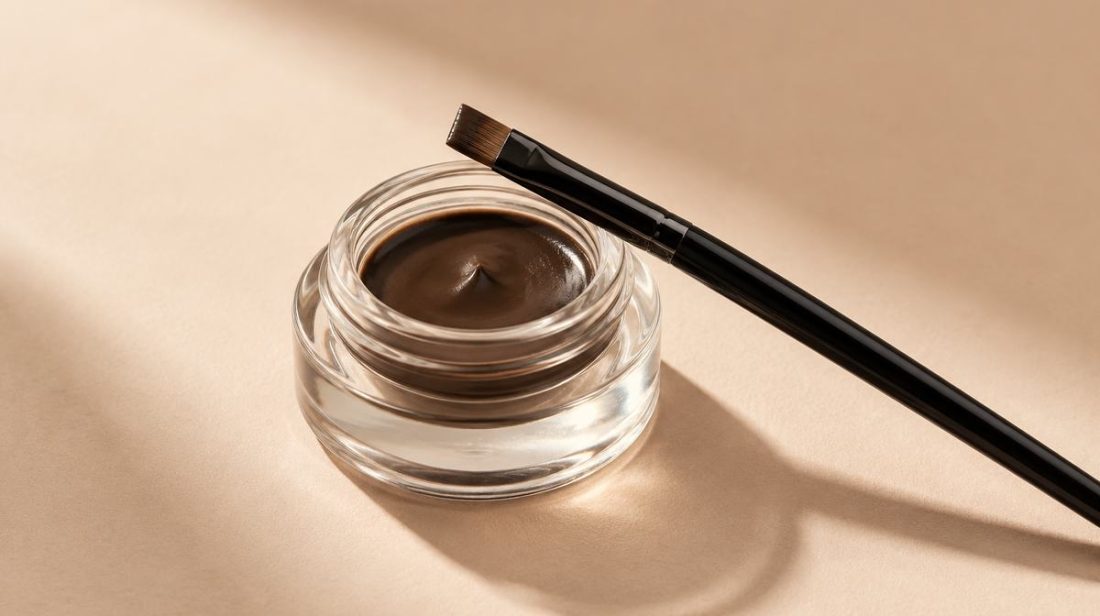 Jar of brown brow tint with an applicator brush