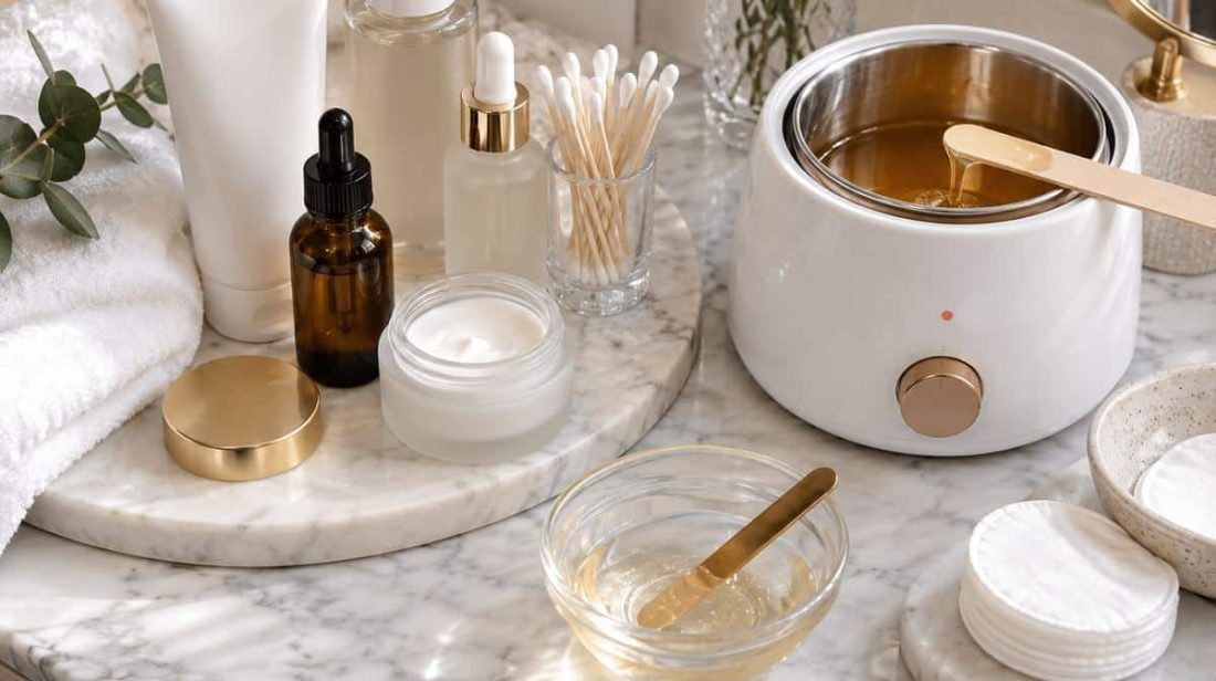 Brow wax warmer next to acne and skincare products on a marble counter
