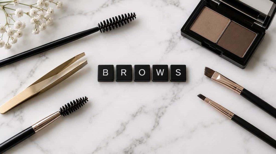 Brow tools laid out around letter tiles spelling BROWS