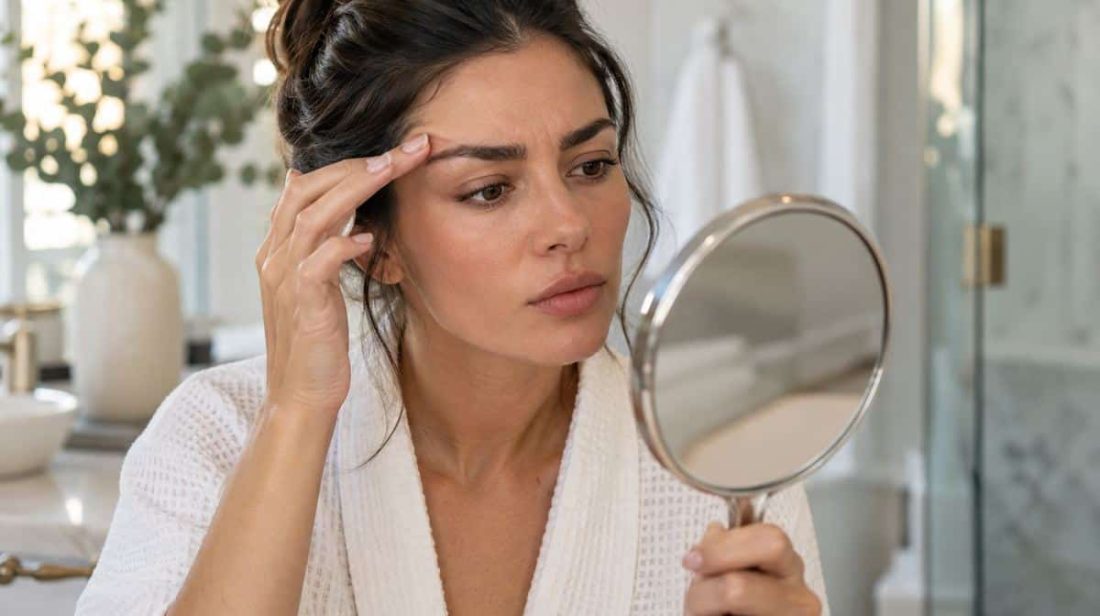 Woman checking her brow lamination results in a hand mirror to spot signs it was done incorrectly