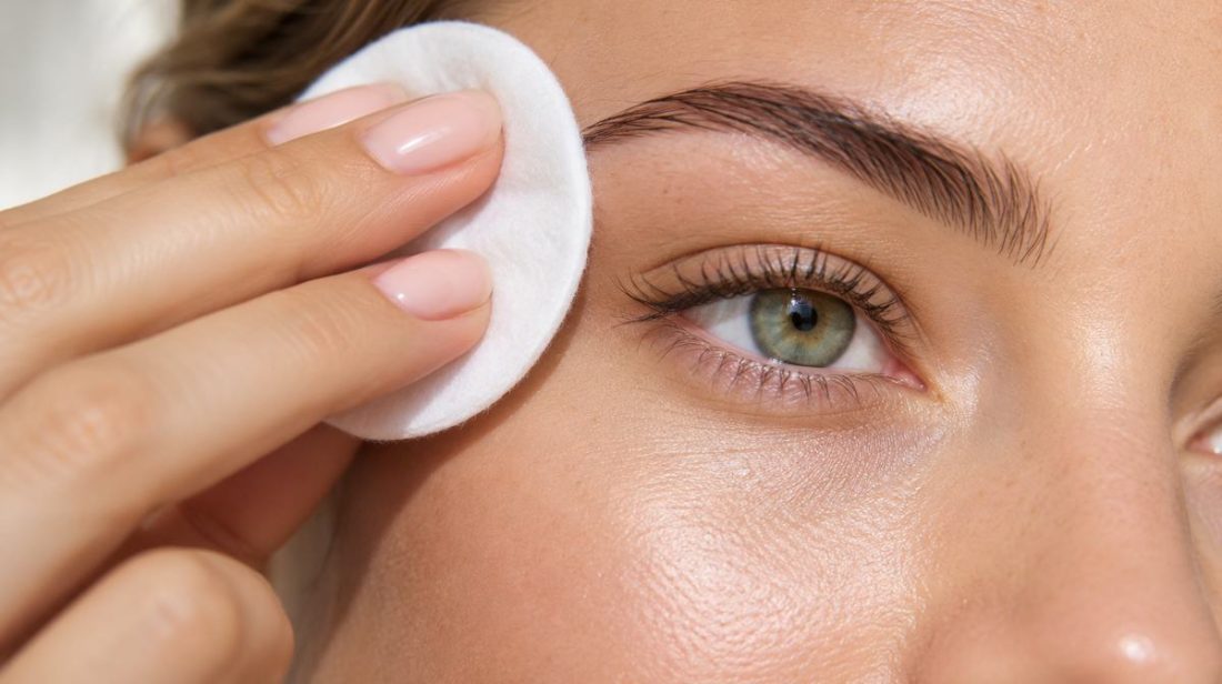 Gently wiping the skin under the brow with a cotton pad