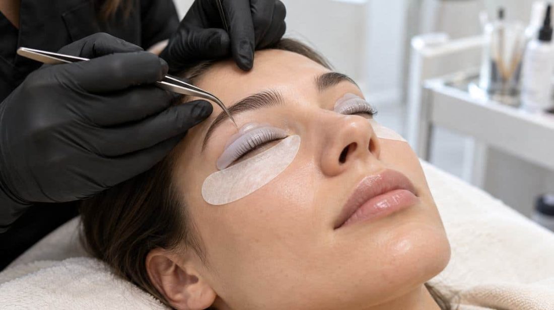 Artist working on a lash lift with fine tweezers
