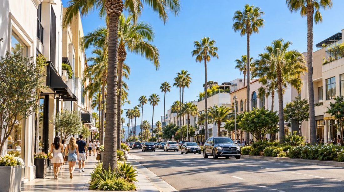 Sunny downtown Santa Monica street lined with palm trees