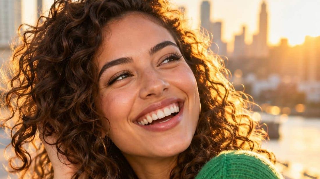 Smiling woman with curly hair in a green sweater at golden hour