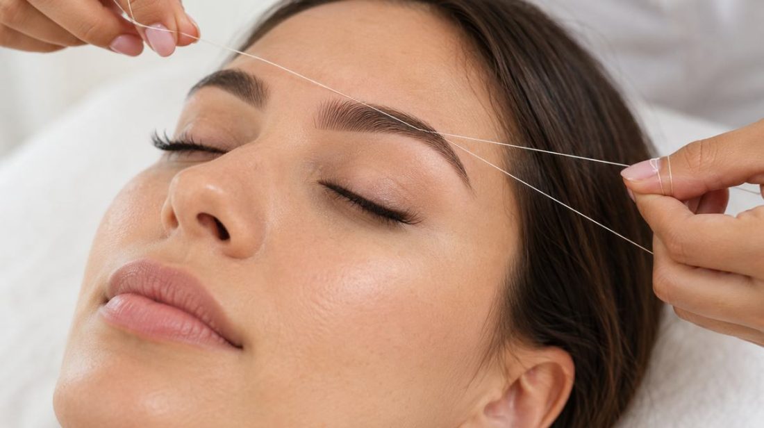 Client relaxing during an eyebrow threading service