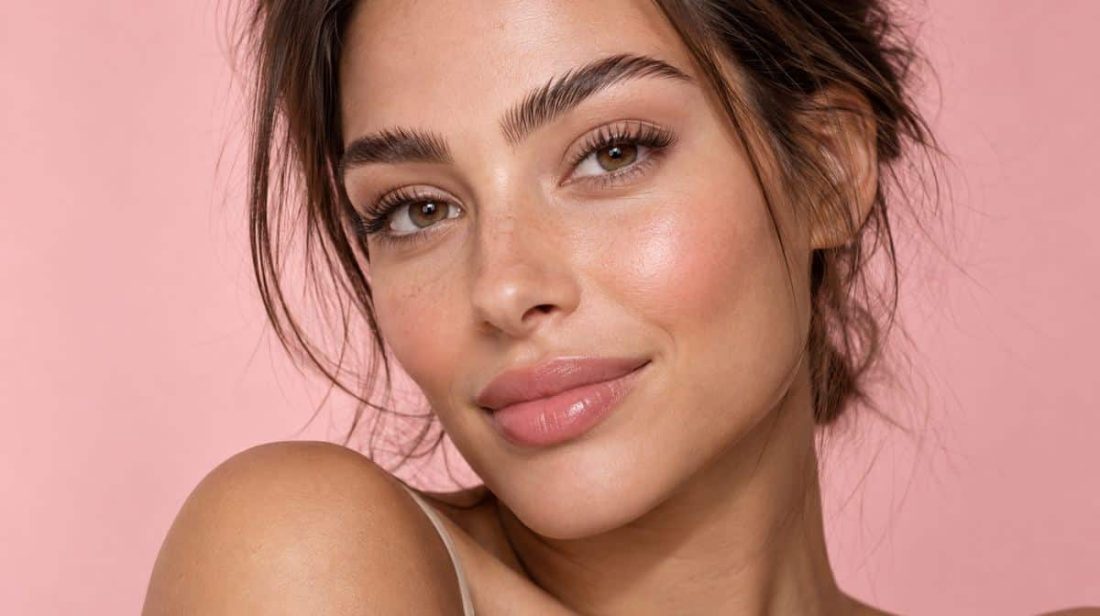 Woman with full, softly defined brows on a pink background, showing a top eyebrow trend of 2025