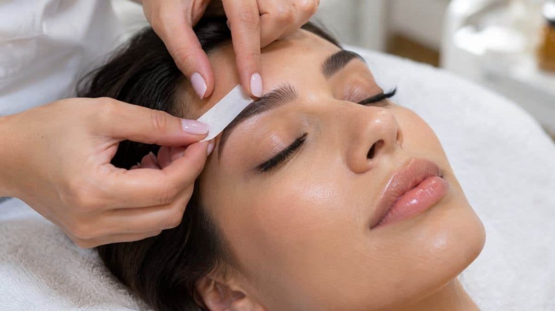Wax strip pressed under a client's brow