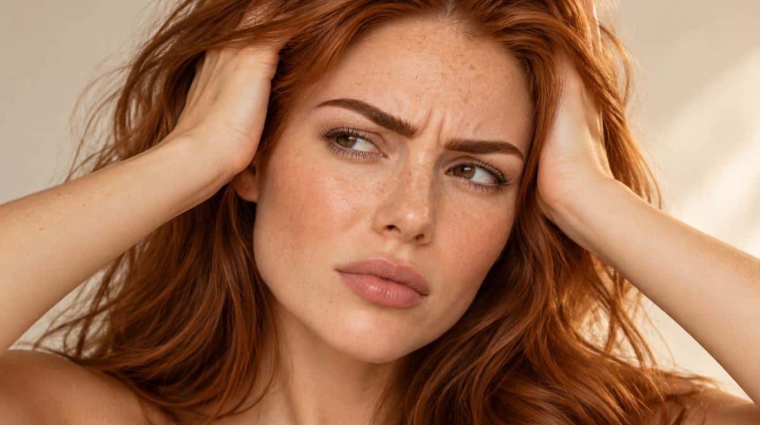 Woman frowning with her hands on her head