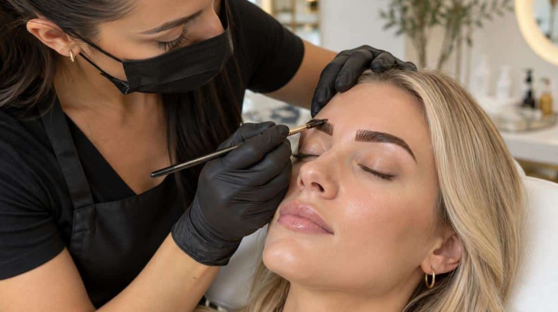 Artist applying henna brow tint with a fine brush