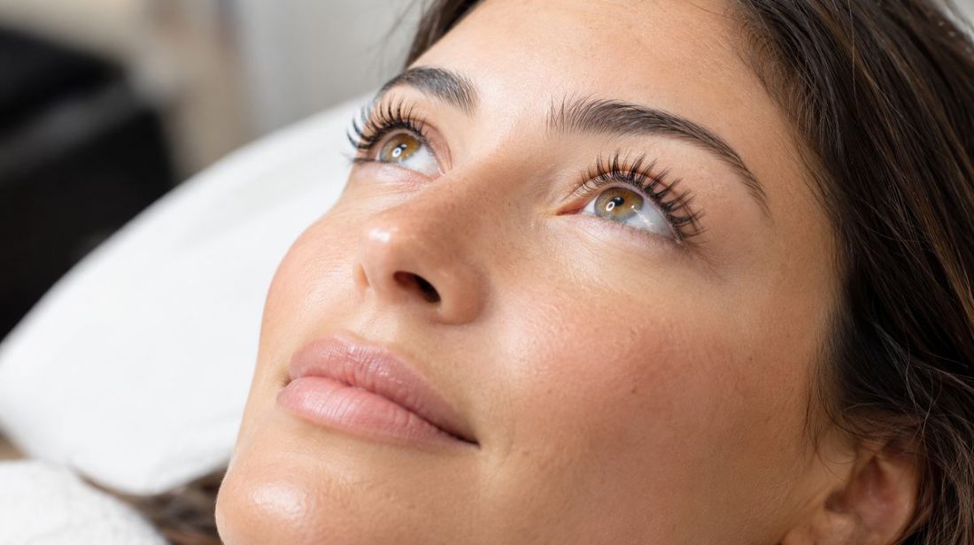 Woman with lifted, curled natural lashes after a keratin lash lift, looking up