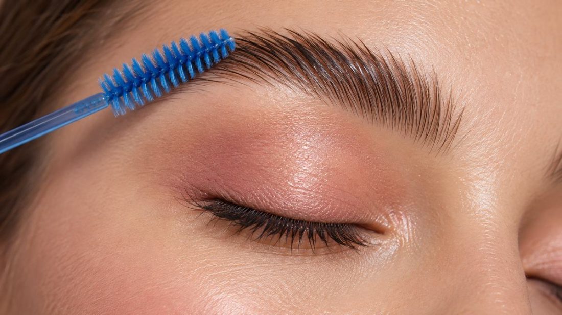 Blue spoolie brushing laminated brow hairs upward