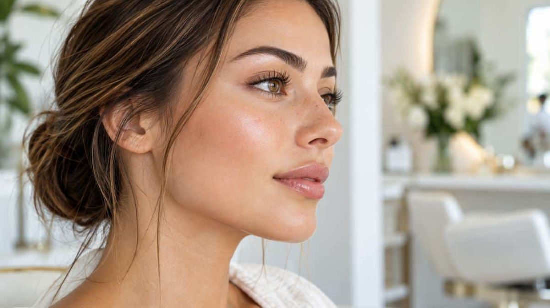 Woman with natural brows and lifted lashes in a bright salon