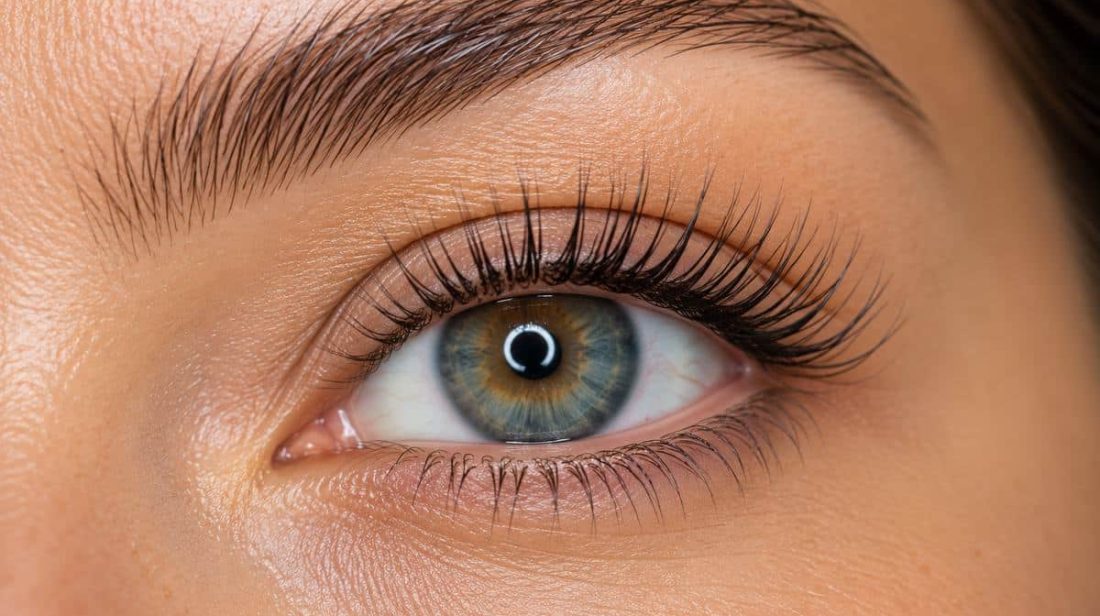 Close-up of long, curled lashes