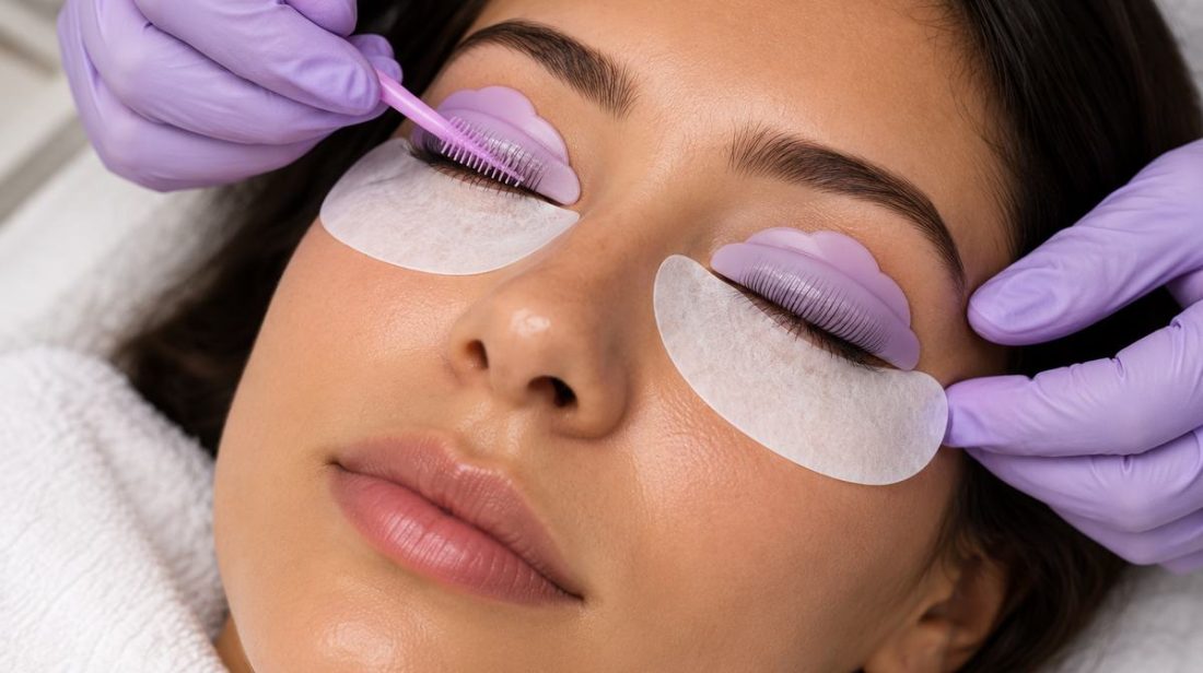 Lash lift in progress with lashes on a silicone shield