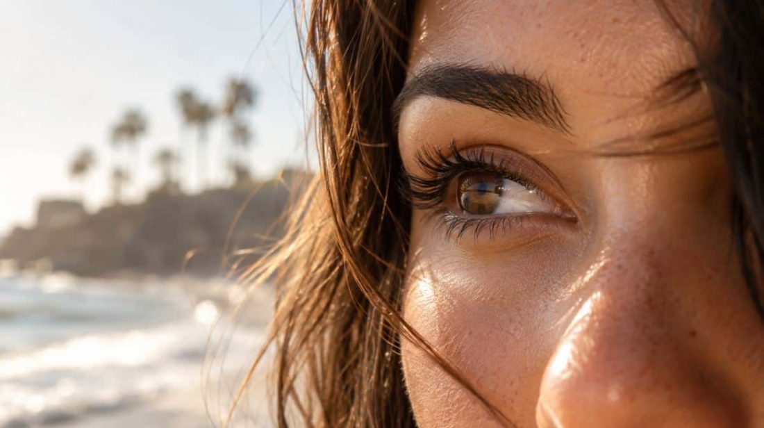 Close-up of dark, tinted lashes and a full brow with a California beach in the background