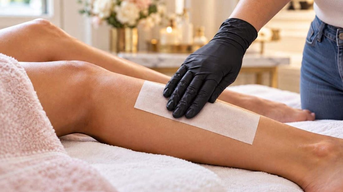 Esthetician in a black glove smoothing a soft wax strip on the lower leg during a spa leg wax