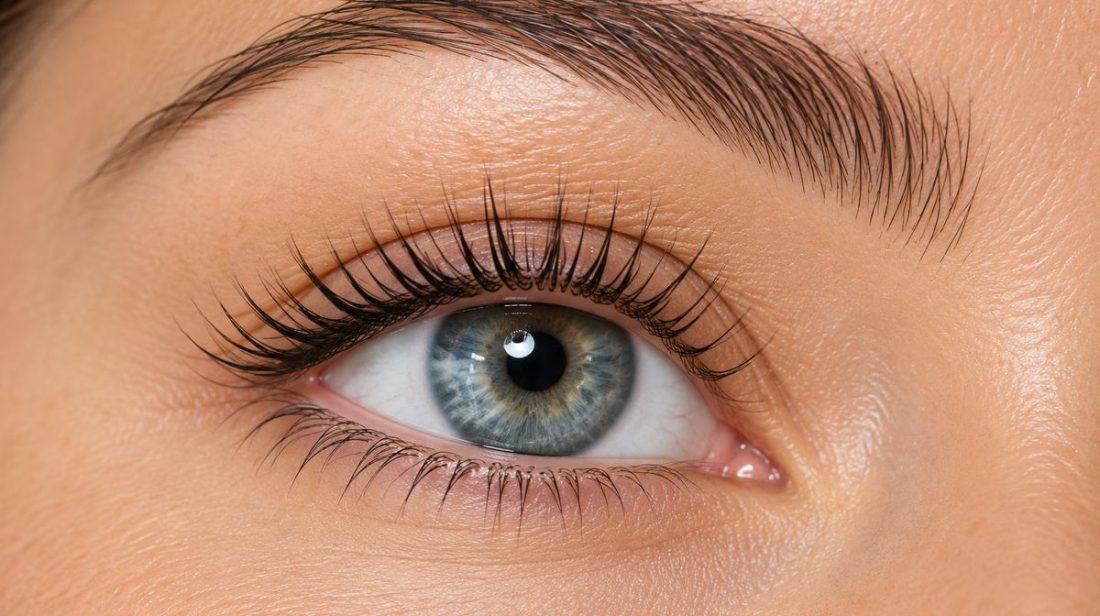 Close-up of lifted, curled lashes