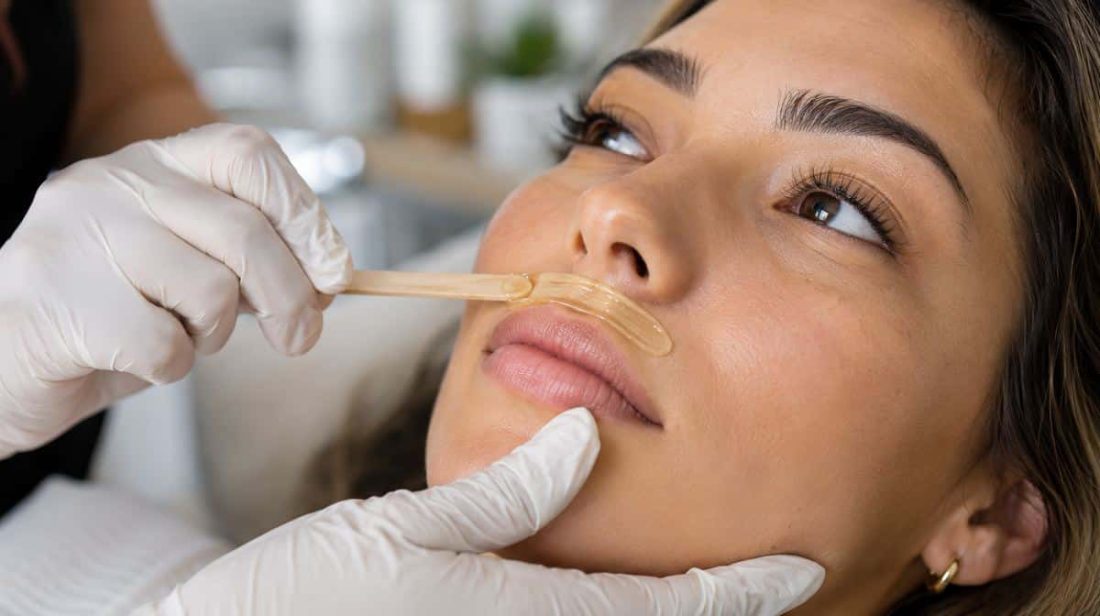 Esthetician applying warm wax with a spatula for an upper lip wax