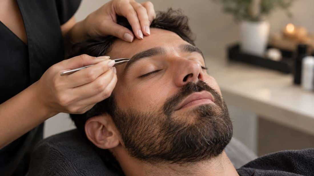 Bearded man relaxing while his brows are tweezed