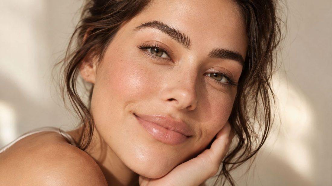 Smiling woman with full, natural eyebrows and glowing skin, celebrating her unique natural brow look