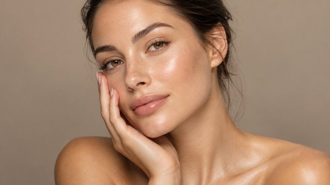 Woman with glowing skin touching her cheek